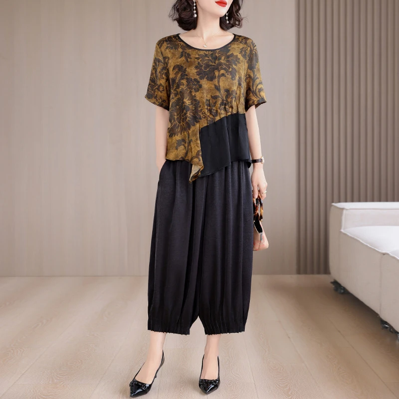 中年妈妈休闲套装女2025夏新款新中式中老年洋气减龄显瘦两件套