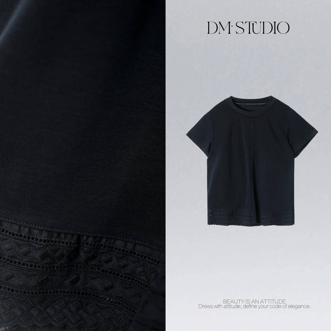 DEDM•STUDIO/夏季百搭纯色极简风花边短袖上衣T恤2506TX/25065