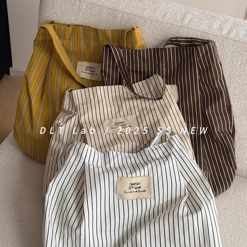 DLT Lab丁老头四季通勤购物大容量布包韩国ins条纹单肩大包袋慵懒