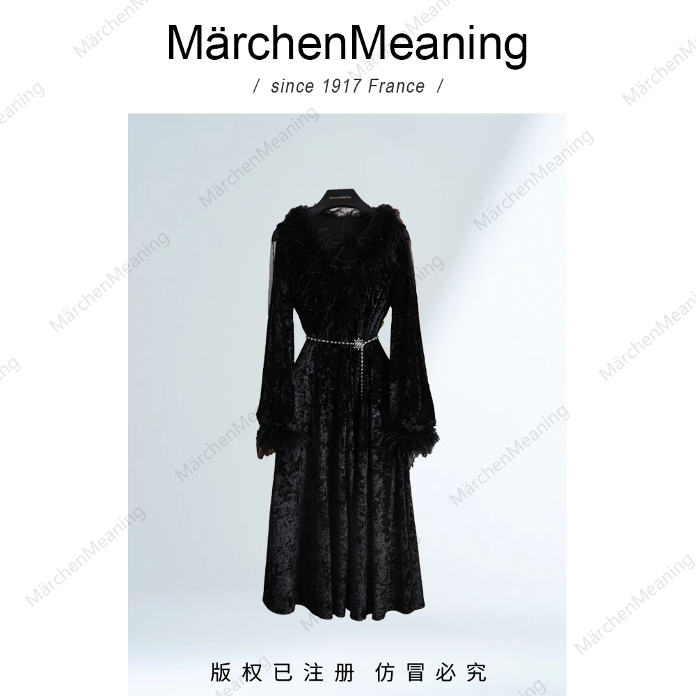 MärchenMeaning高级黑冰花丝绒定制提花显瘦气质连衣裙wy