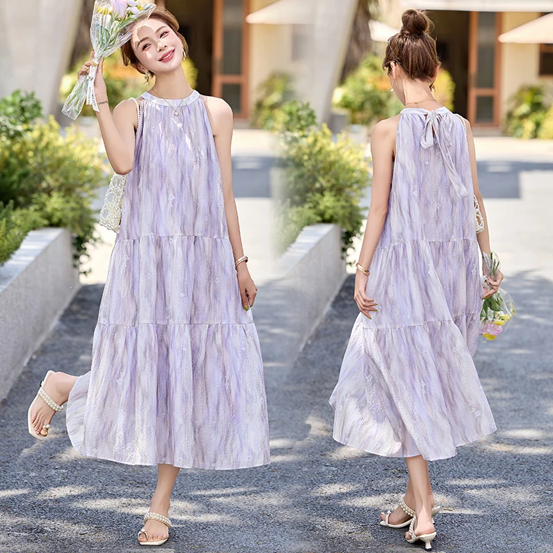 气质挂脖连衣裙女2025夏季新款慵懒风洋气减龄宽松百搭中长款裙子