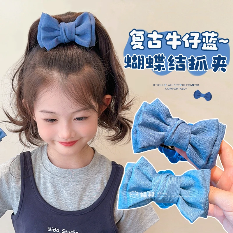 儿童AB面山茶花牛仔色发扣女童抓夹子发卡小女孩丸子头头花头饰