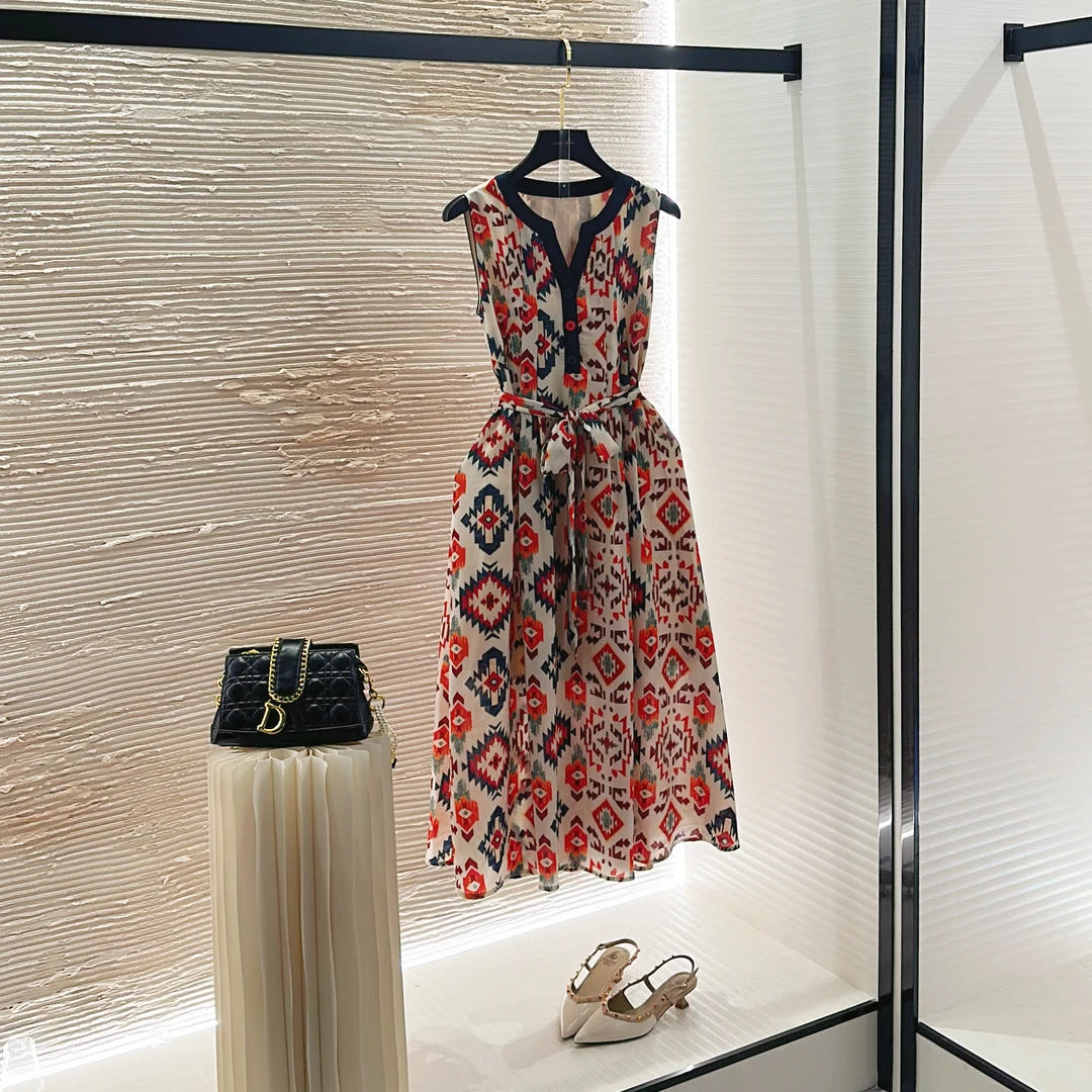 泽天 夏季新款无袖显瘦国风时尚气质宽松连衣裙W-A326