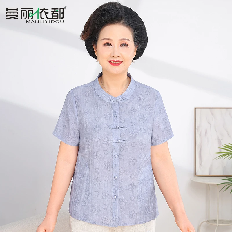 妈妈夏季薄款短袖中老年女装新国风衬衫时尚印花小衫奶奶圆领开衫