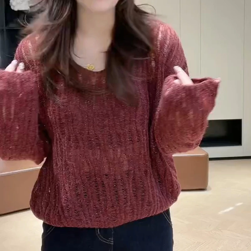 秋季慵懒风V领纯色镂空针织长袖韩版上衣LK2506371