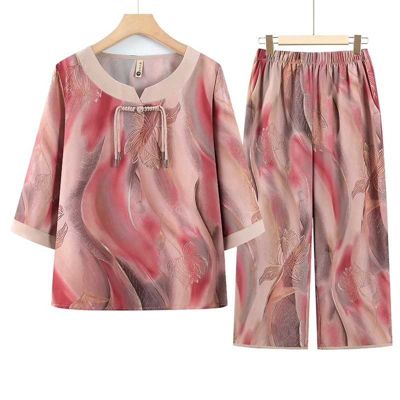 妈妈夏季宽松圆领七分袖上衣中老年人国风女装两件套薄款奶奶套装