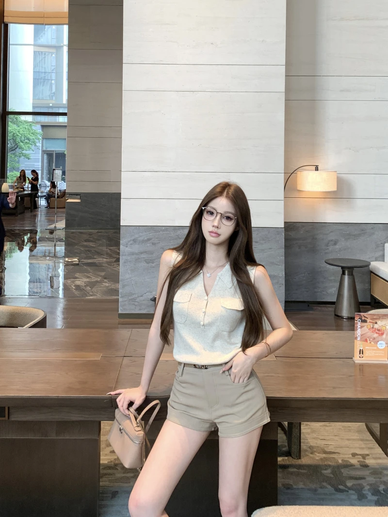 【褶皱豁免权1】老钱松弛无袖翻领天丝亚麻针织马甲上衣时尚通勤