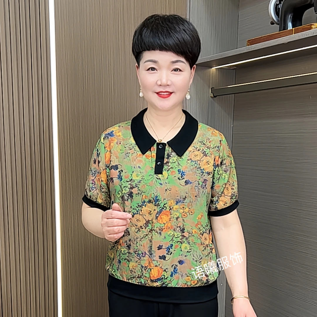夏季短袖娃娃领薄款休闲风中老年女装衬衫显瘦t恤印花F8875