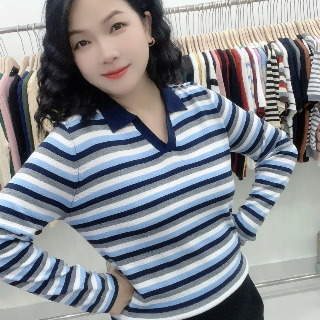 5463/5587秋冬季新款【大米家】女条纹树脂固色针织毛针织衫宽松型