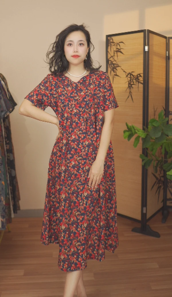 #2838时尚女款a字连衣裙长裙连衣裙夏季气质中长款A字裙碎花女装