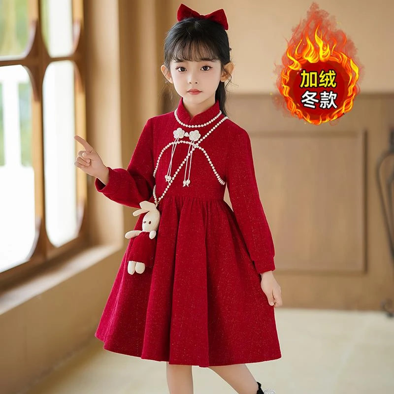 女童新年连衣裙女童旗袍连衣裙秋冬加绒保暖儿童洋气红色新年装拜