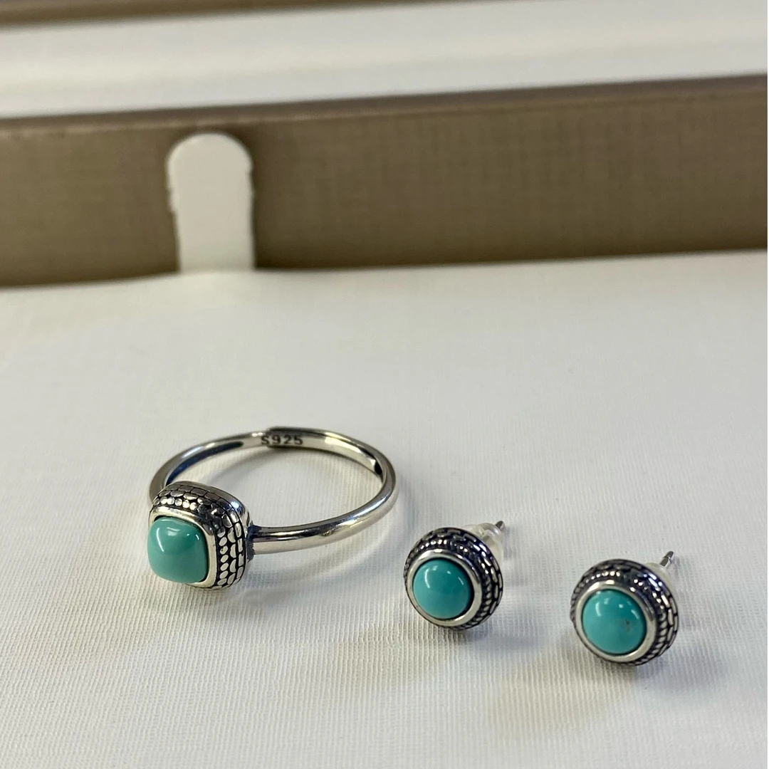 【山珊】S925新镶嵌原矿绿松石耳钉绿松石戒指套装