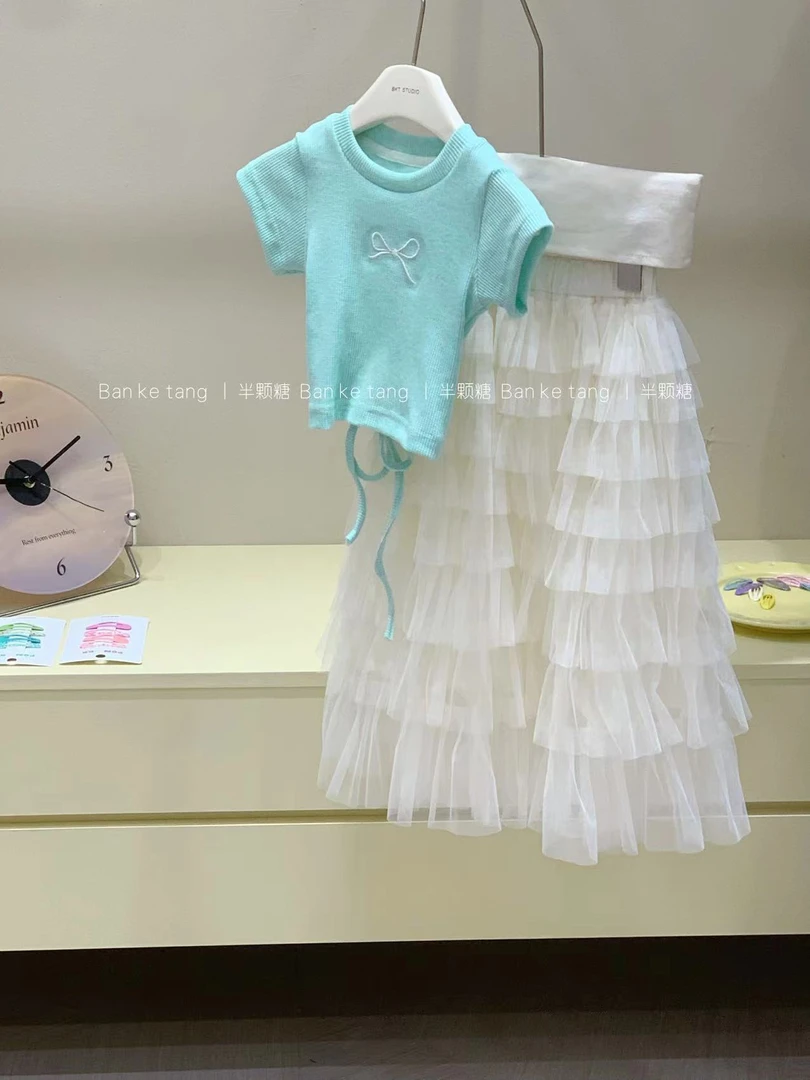 女童洋气辣妹上衣2025春夏新款韩版童装宝宝网纱蛋糕裙两件套
