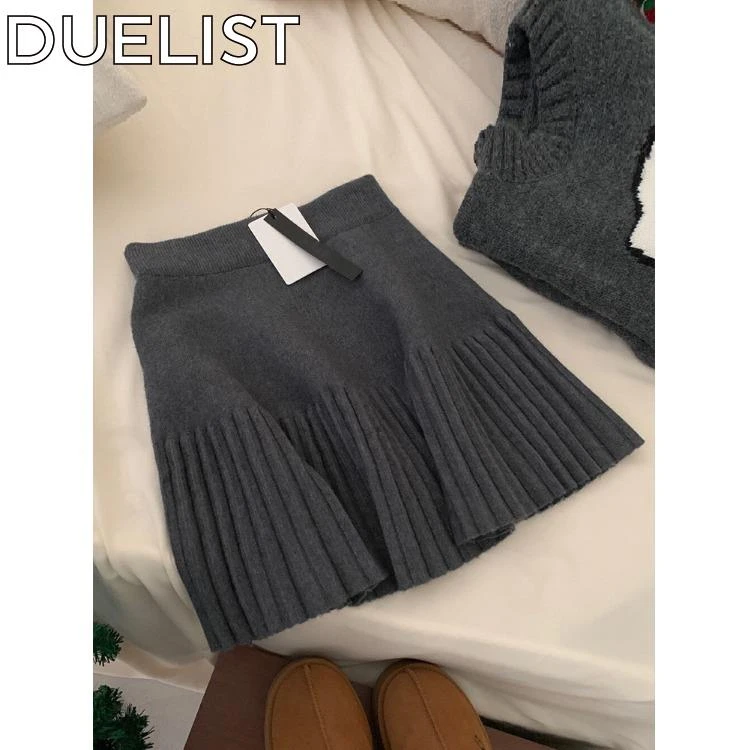 DUELIST深灰色高级感松紧腰百搭字百褶裙女高腰显瘦针织半身短裙