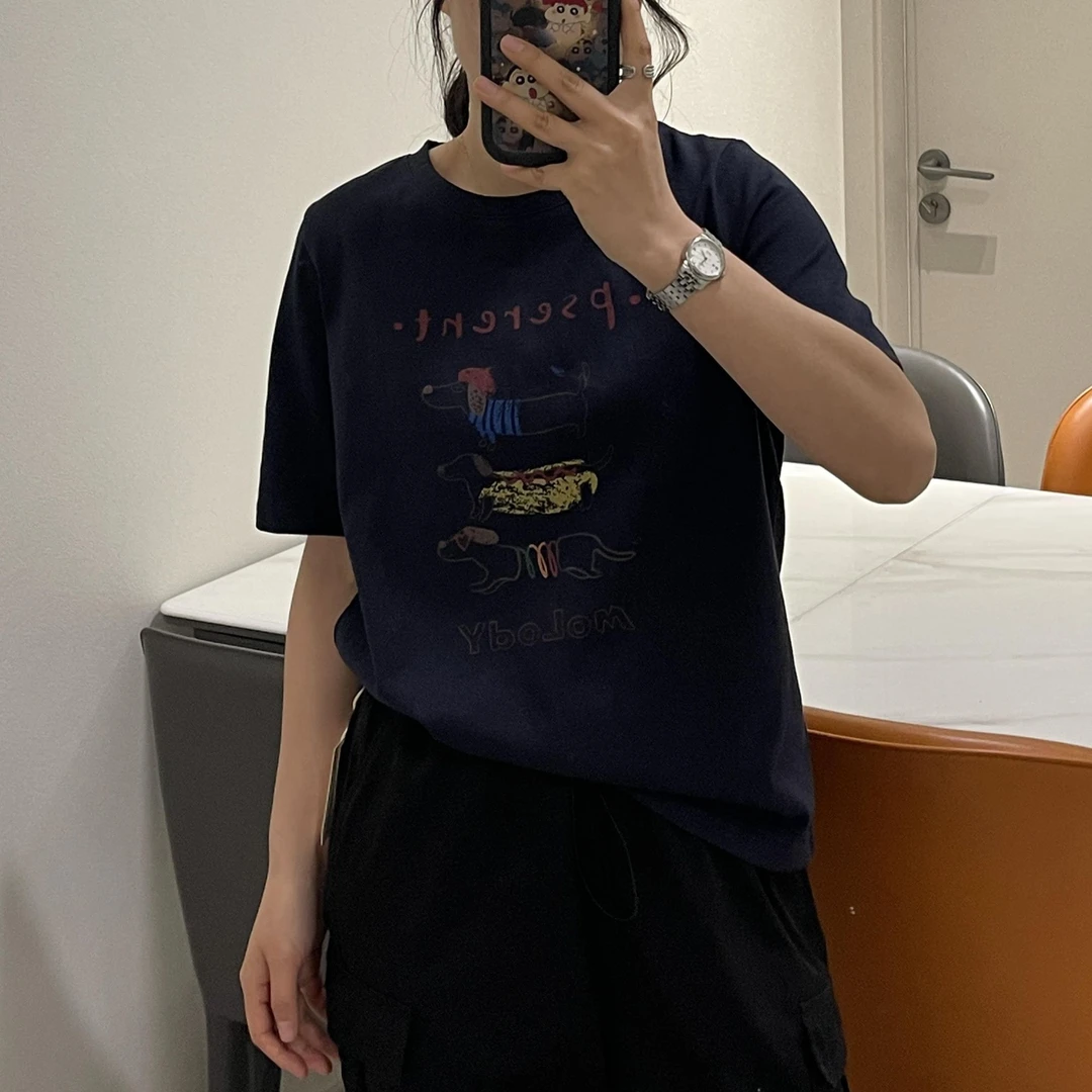 【吾禧】三只小狗印花圆领短袖T恤精梳棉顺滑休闲宽松简约女上衣夏