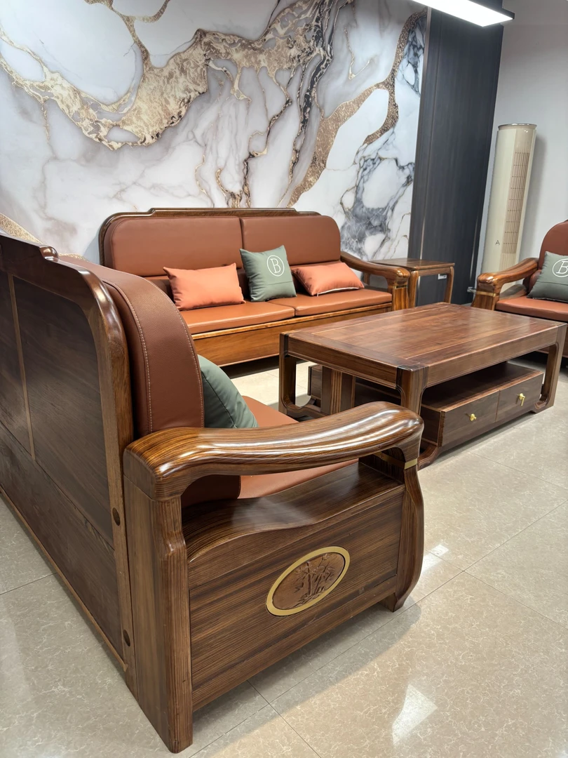 新中式储物乌金木实木沙发茶室沙发油漆工艺客厅家具组合别墅家具