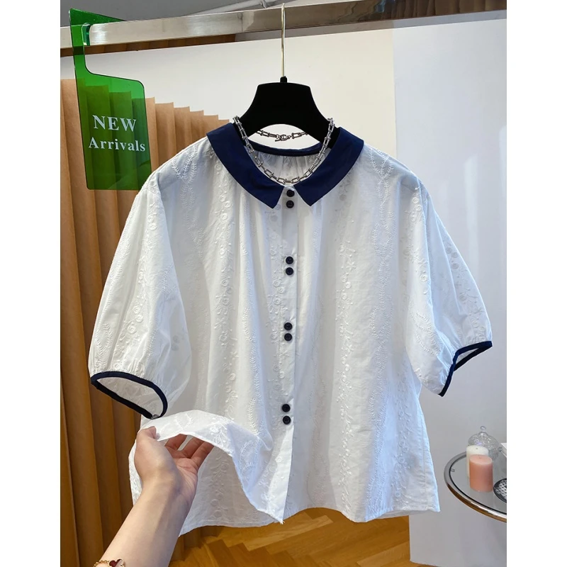 高级感白色泡泡袖衬衫女2025夏季新款宽松休闲洋气小衫娃娃衫上衣