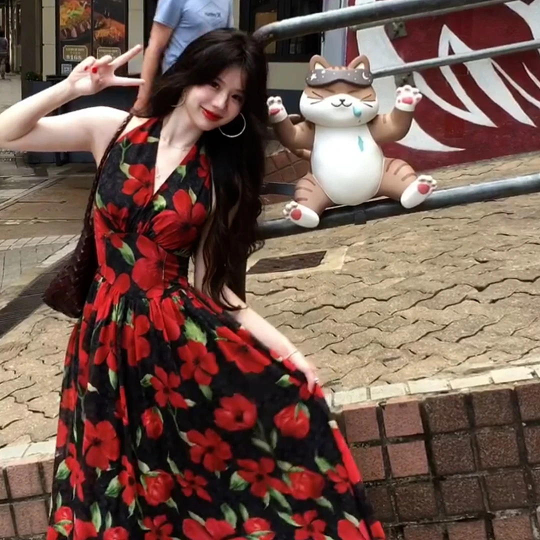 红色雪纺碎花挂脖连衣裙子女2026新款夏季气质沙滩旅游长裙4989