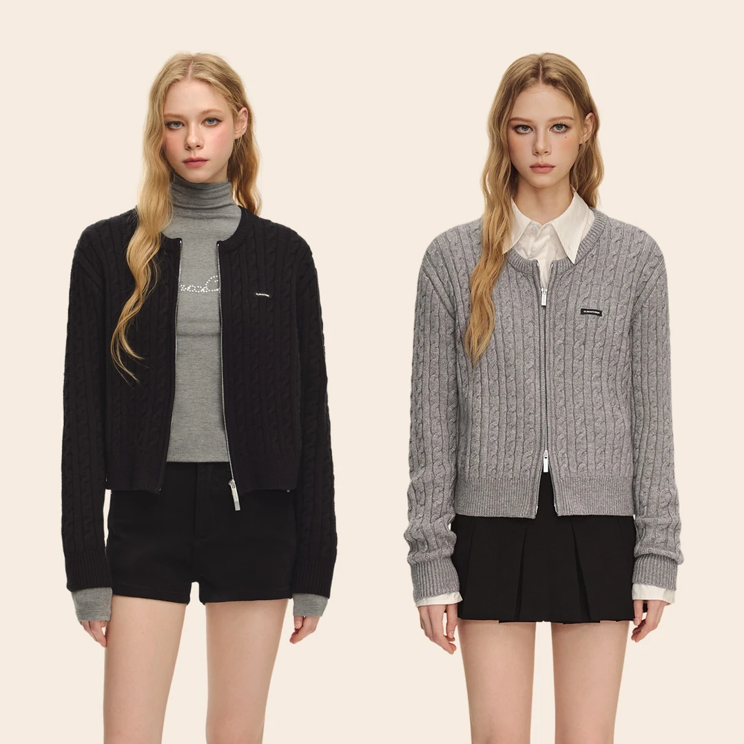 CLIMAX VISION双开链短款麻花针织开衫女修身显瘦百搭毛衣外套