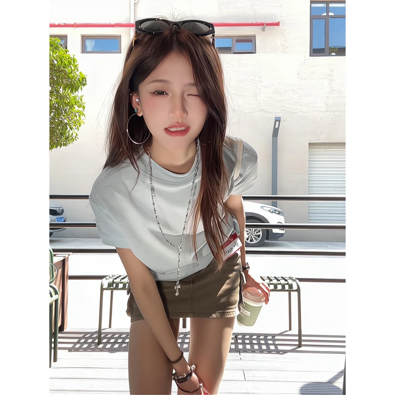 2025夏圆领t恤cleanfit短袖正肩显瘦短上衣包臀工装半身裙a字短裙