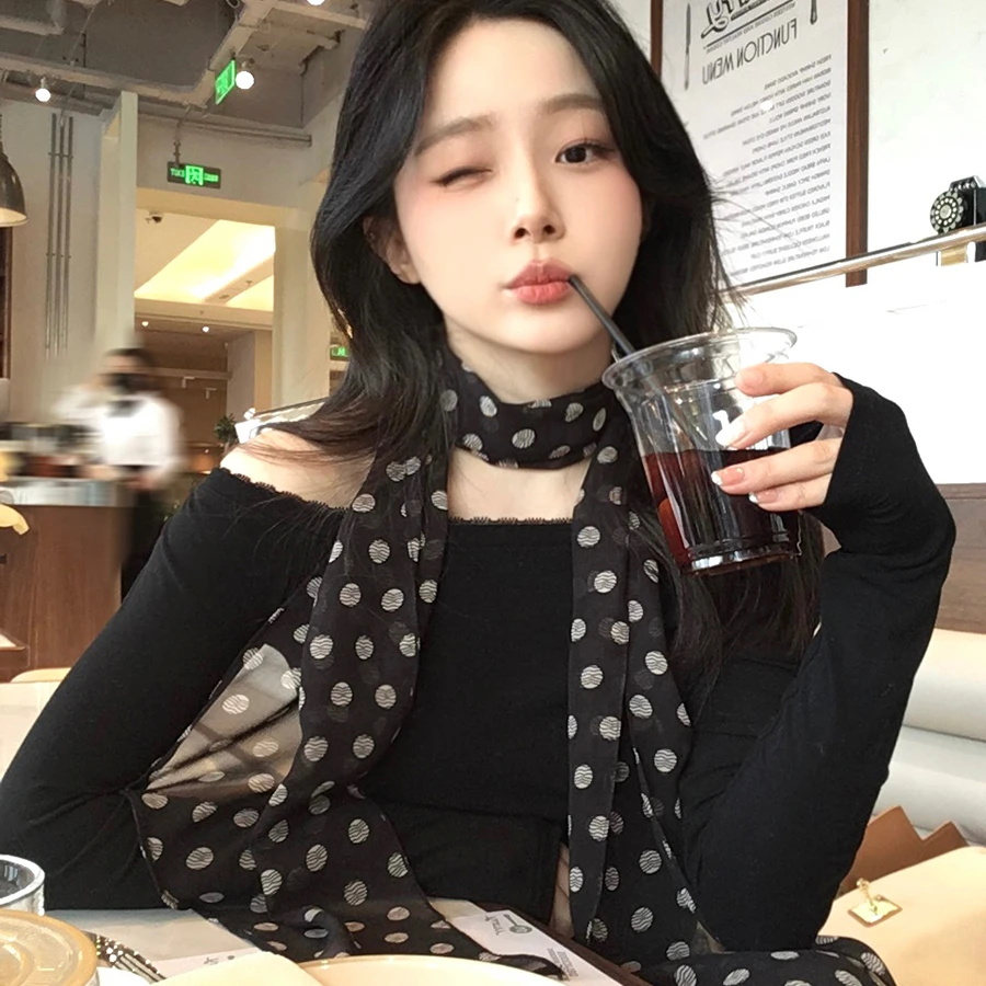 误当了！多用式复古波点长条丝巾丝带女海边度假系脖领巾发带