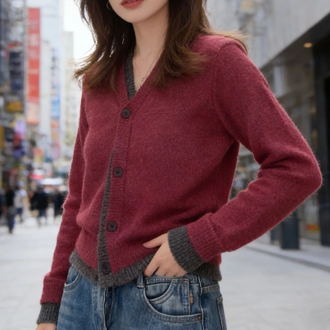 洋气减龄假两件拼色长袖针织开衫秋冬2025新款气质时尚女人味毛衣