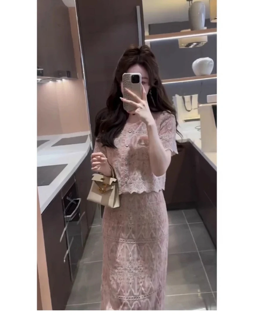 2025夏季新款甜美裙子印花蕾丝绣花长款两件套装裙气质时尚复古