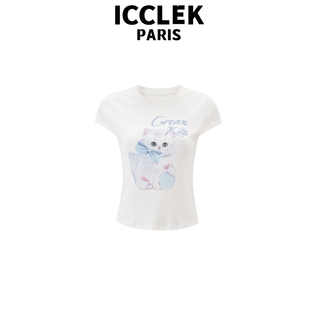 ICCLKE 夏季白色圆领小猫短袖针织衫百搭时尚修身减龄气质 - 5613