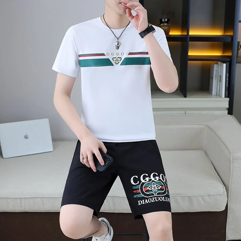 男士夏季新款套装休闲运动T恤潮流时尚薄款t恤短袖短裤男装一整套