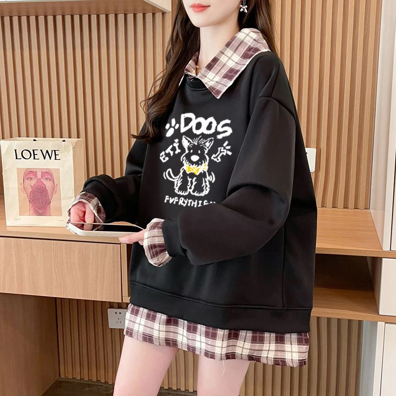 秋冬拼接假两件薄款卫衣学生长袖新款韩版宽松百搭设计感洋气上衣