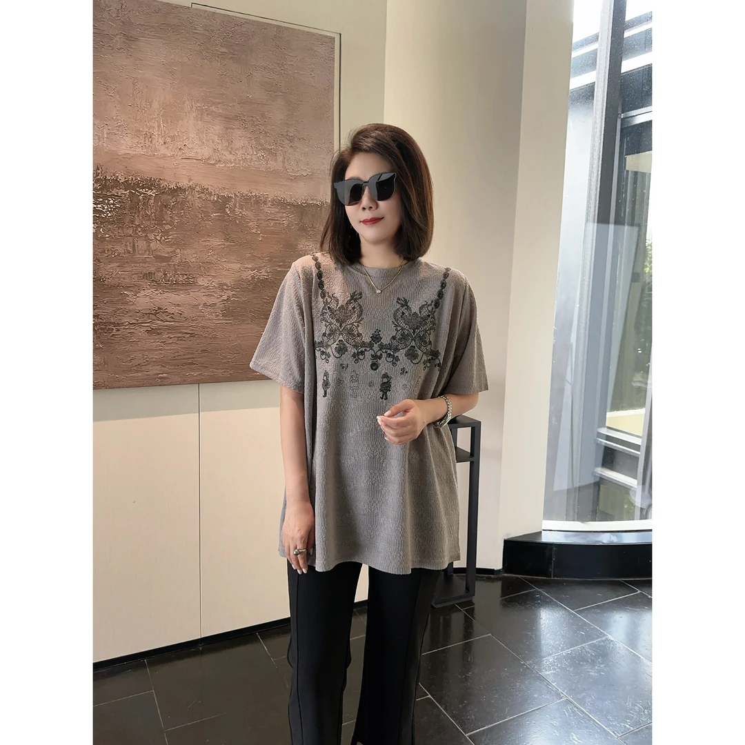 微胖女装【夏天的风】蕾丝印花短袖T恤春夏新款显瘦洋气上衣3363
