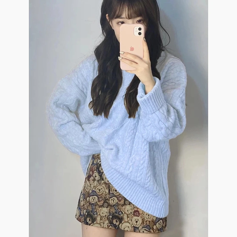 麻花加厚毛衣女秋冬季宽松慵懒风设计感小众高级感套头外穿针织衫