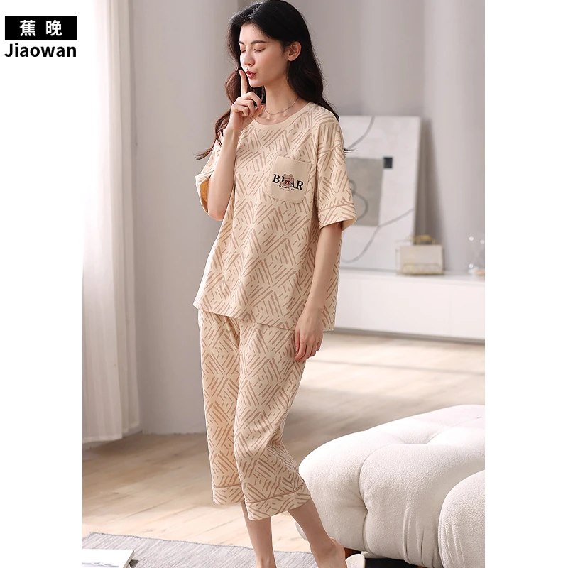 蕉晚春夏女士长款家居服新款圆领短袖七分裤休闲睡衣套装女款夏天