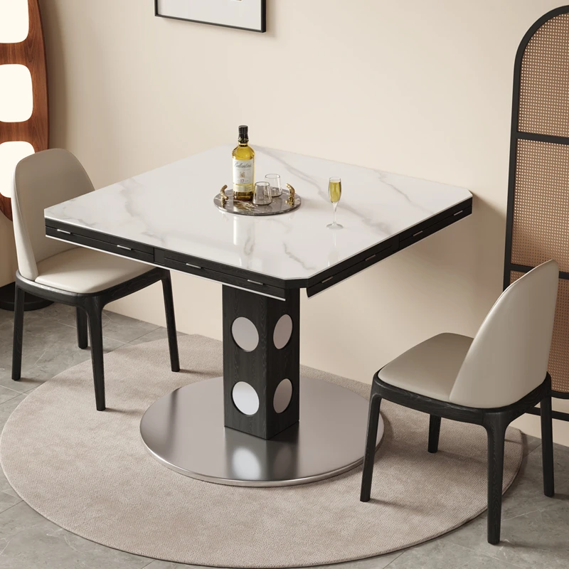 现代简约岩板实木可折叠餐桌椅组合家用大小户型靠墙方桌变圆桌