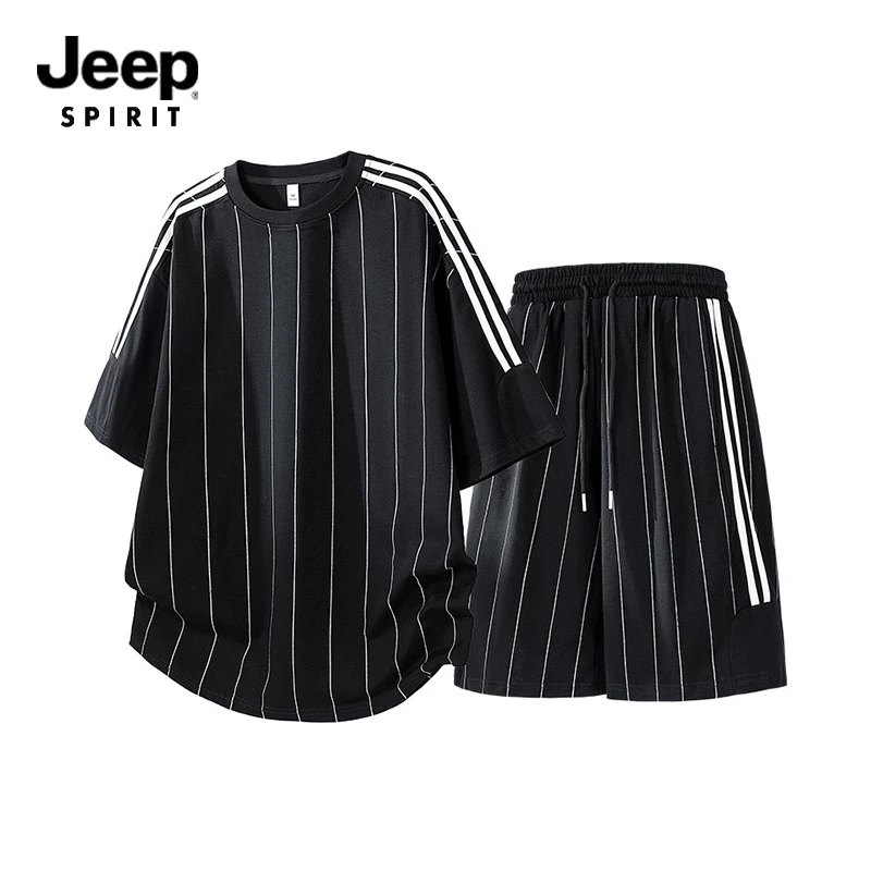 JEEPSPIRIT吉普条纹短袖短裤休闲套装男夏季宽松百搭时尚青年一套