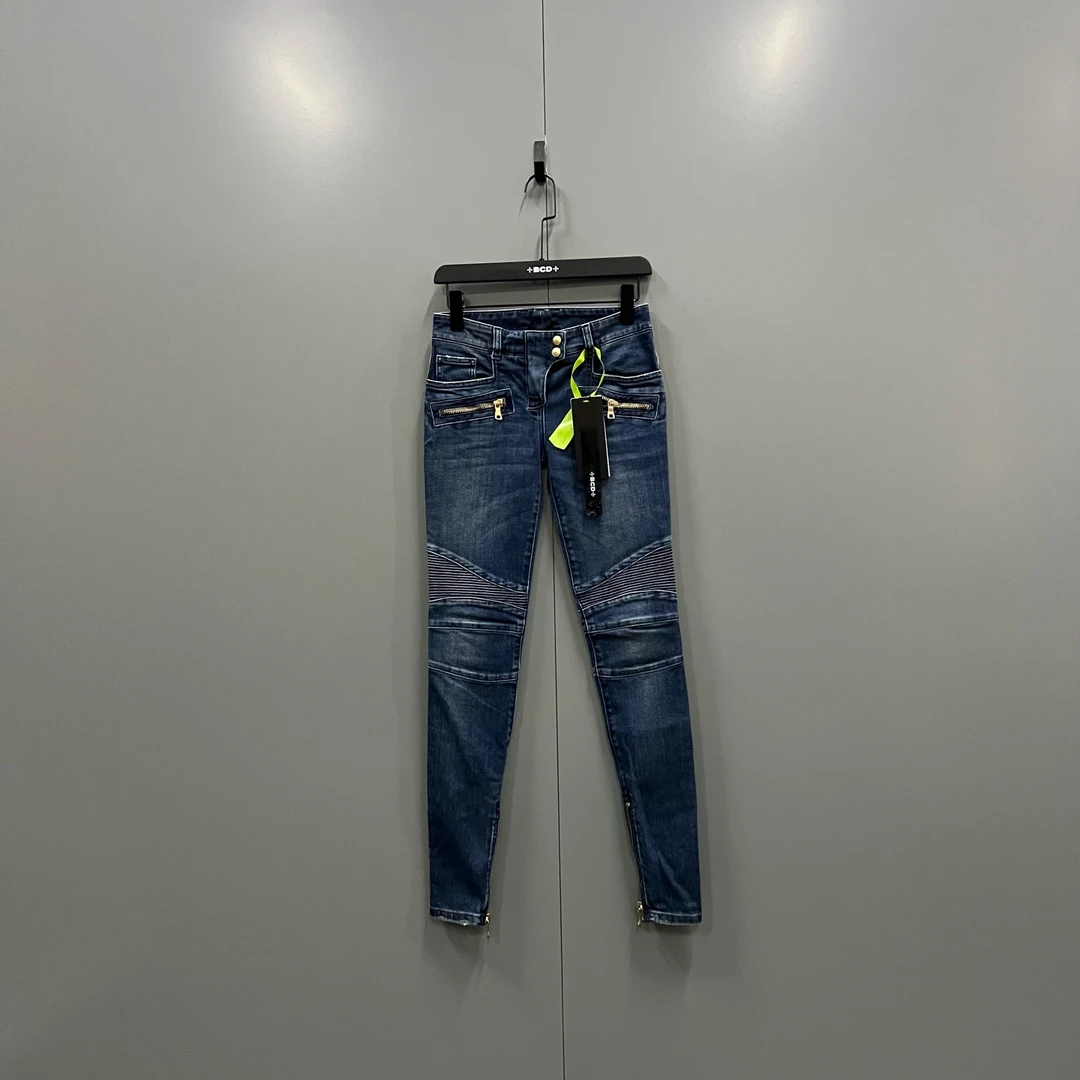 95新 BALMAIN/巴尔曼 t5 蓝色低腰拉链牛仔裤 34码/98新/607693