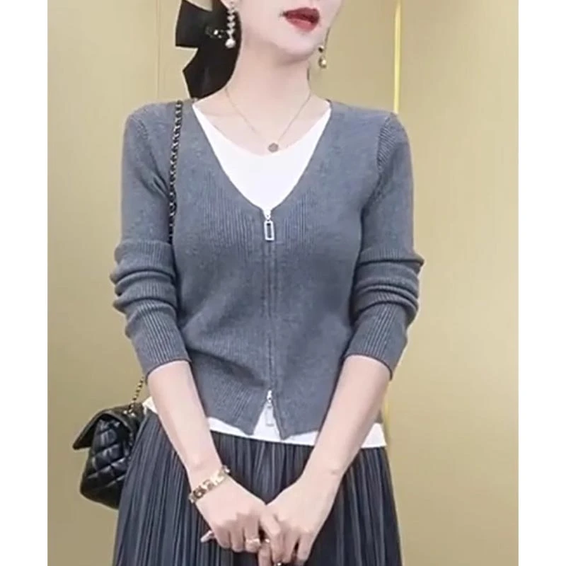 高级感拼接假两件针织衫女2025年春季新款韩系气质时尚洋气上衣潮