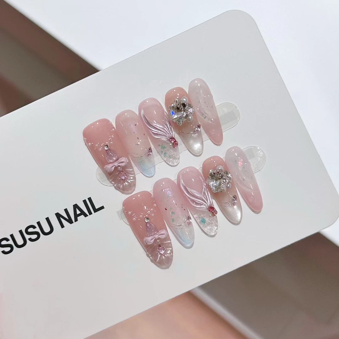 【流光鱼尾】粉色鱼尾镶钻手工穿戴甲轻奢光疗美甲