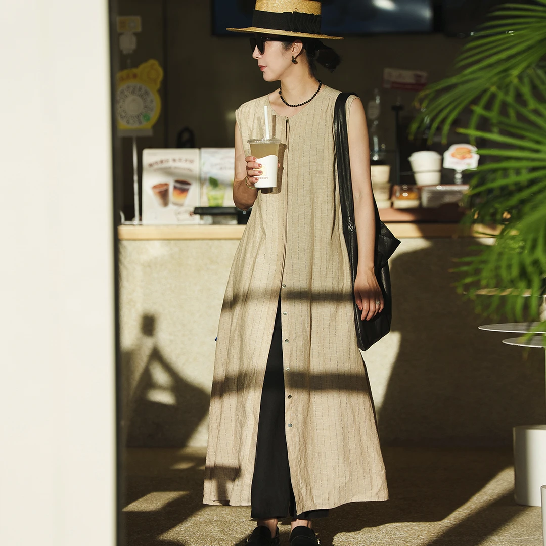 ikigai 立裁条纹无袖连衣裙 大摆单排扣A字裙
