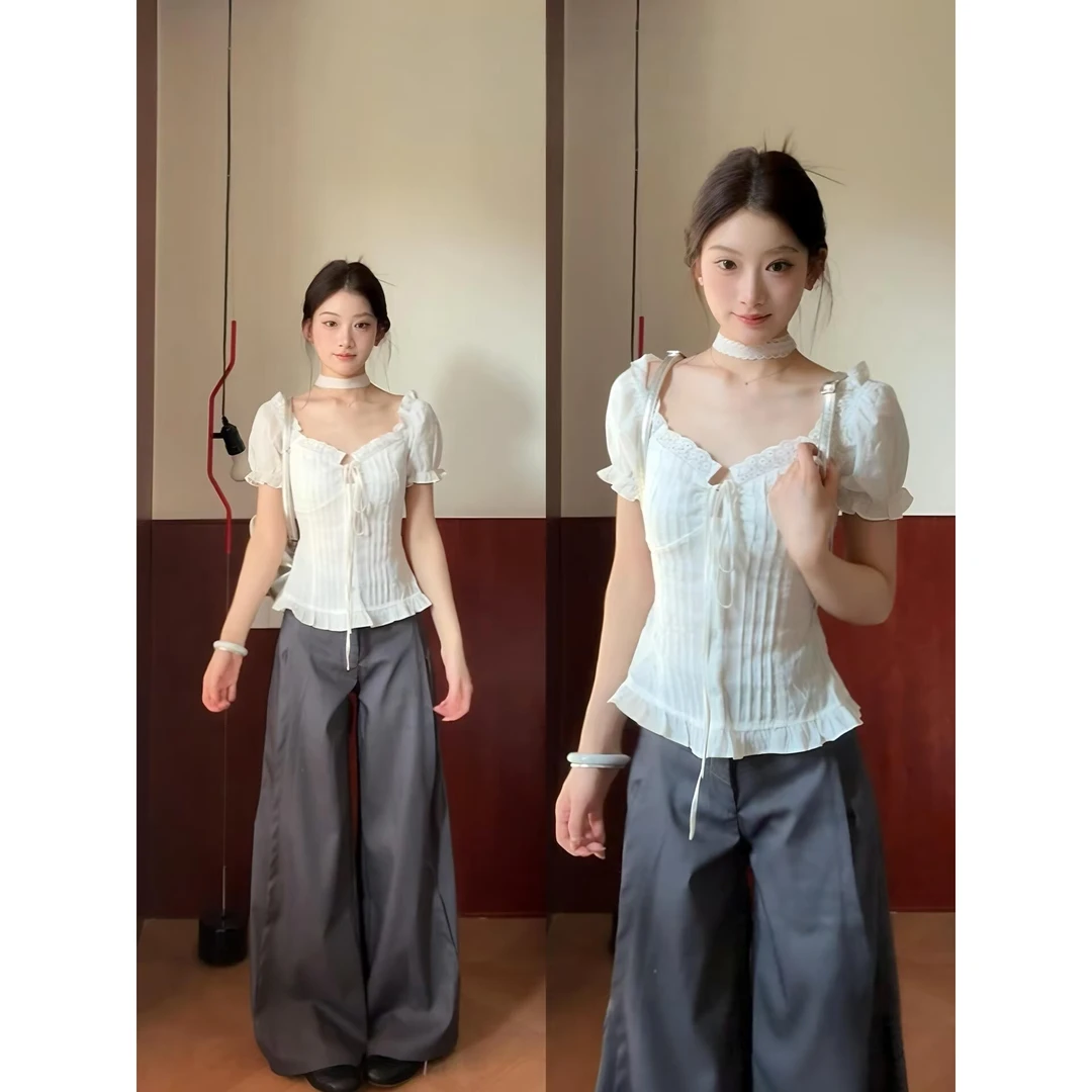 法式甜美风荷叶边系带短袖女夏季修身显瘦设计感独特漂亮小衫上衣