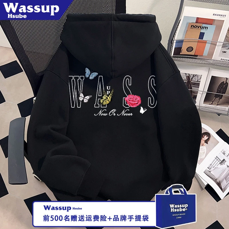 WASSUP HSUBE黑色拉链连帽外套花卉蝴蝶印花卫衣秋冬男款加绒开衫