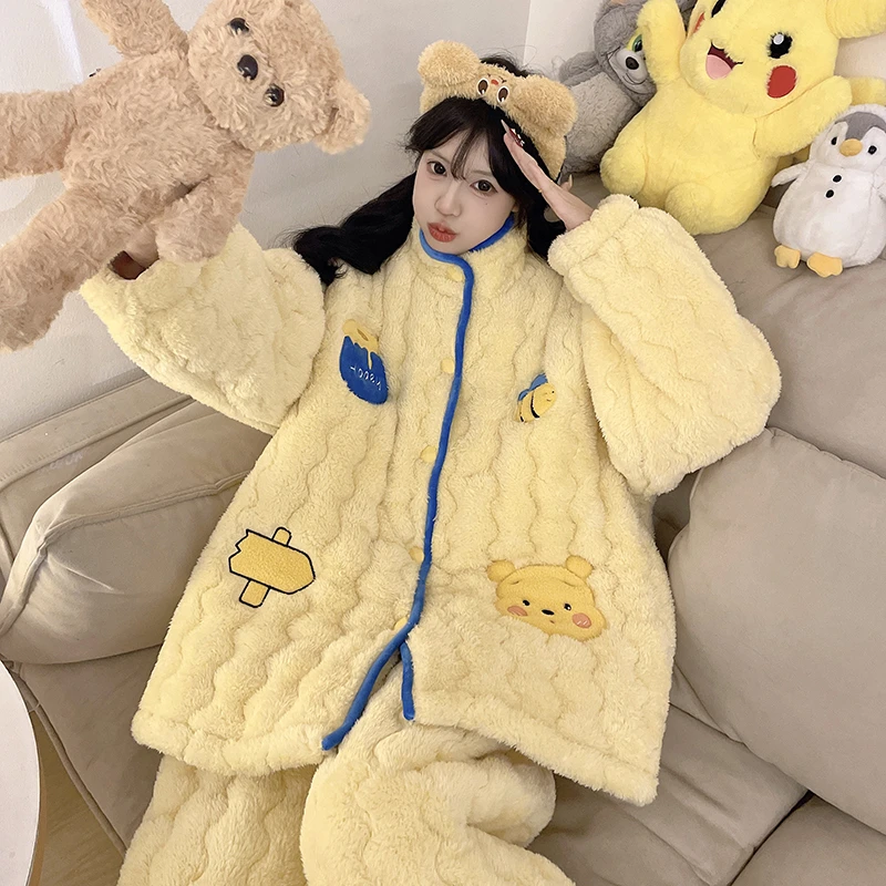 运补【黄色维尼熊】省服夹棉冬季睡衣珊瑚绒加绒加厚冬天保暖家居服