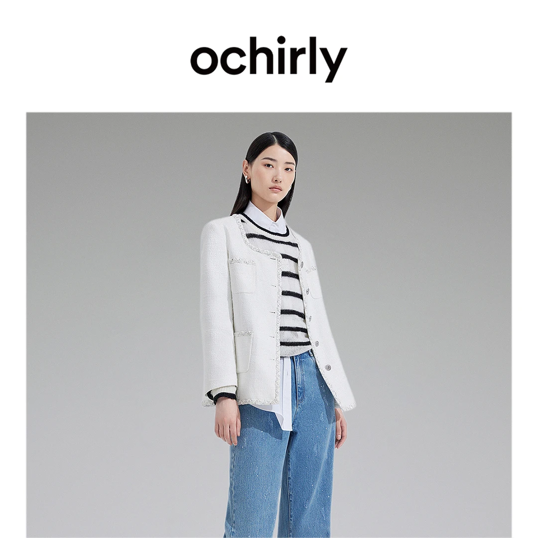 【达人】黑标系列 欧时力 珠片花式纱小香风外套女 春装方领法式