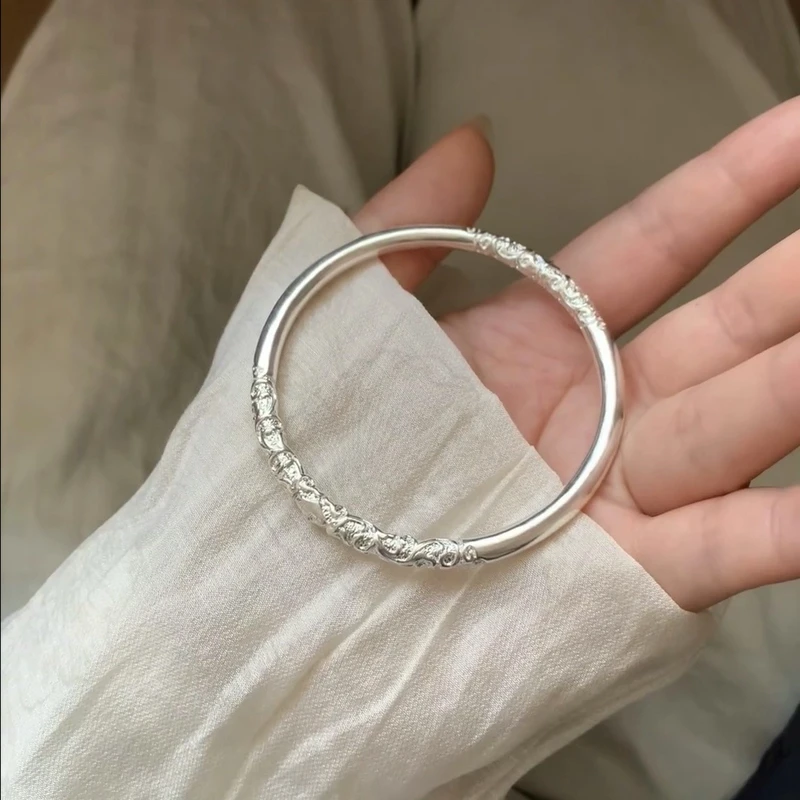 足银手镯 卷草纹银手镯女纯银999亮面闭口实心银镯子情人节送女友