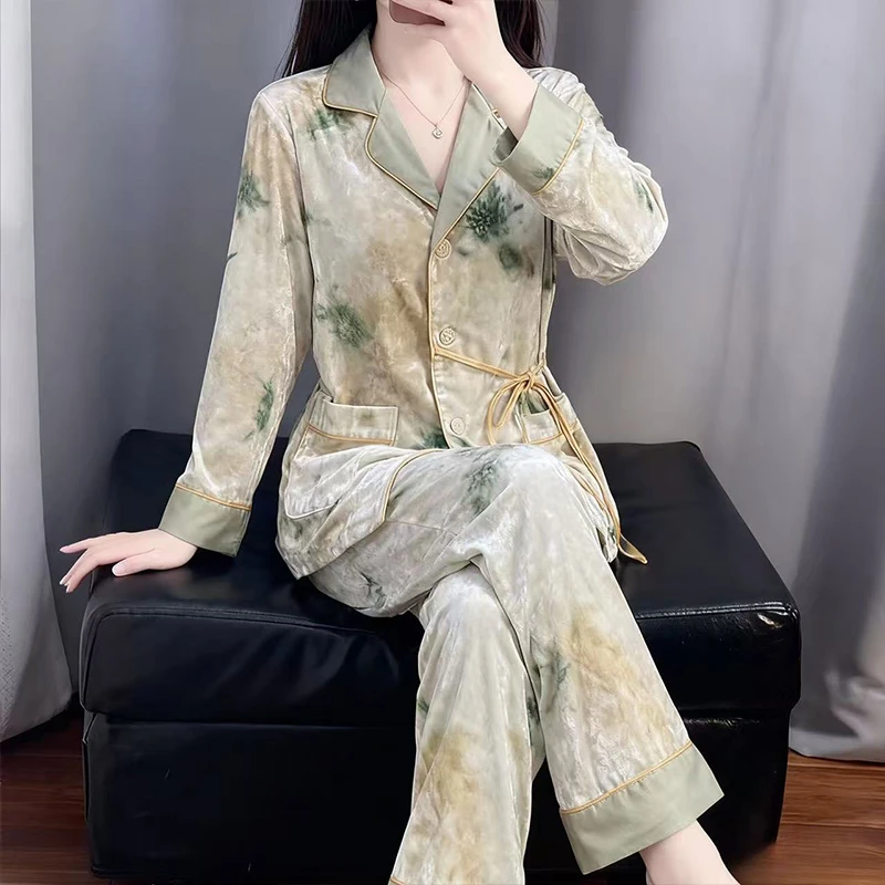 tpvl新中式金丝绒睡衣女秋冬季国风系带保暖家居服长袖套装高级感