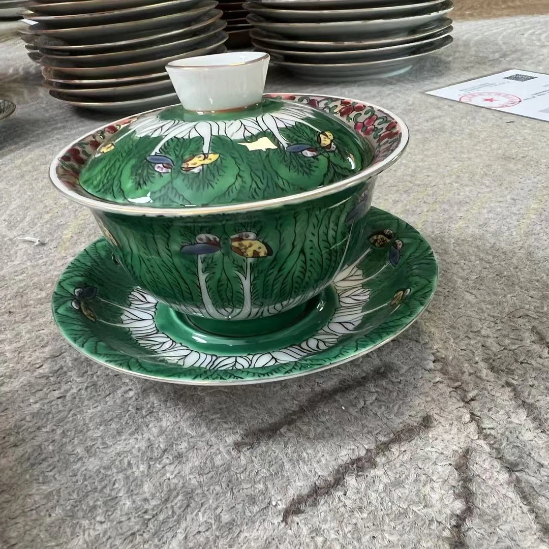 F152晚清绿底白菜盖碗