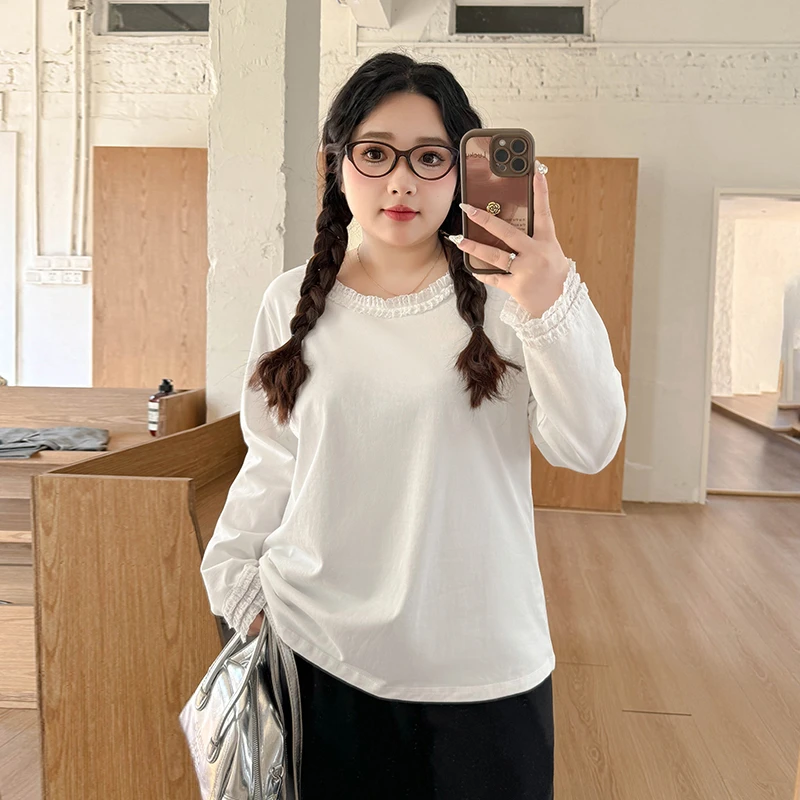 DC7180大码女装【精致花边T】韩系穿搭蕾丝拼接圆领长袖显瘦T恤上衣