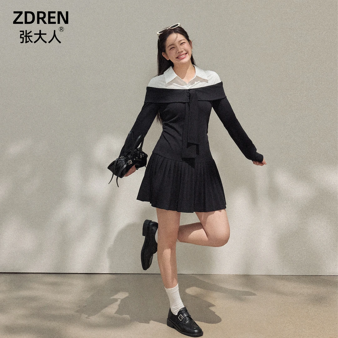 张大人【暮色舞曲】大码女装微胖妹妹法式黑色蝴蝶结一字肩连衣裙