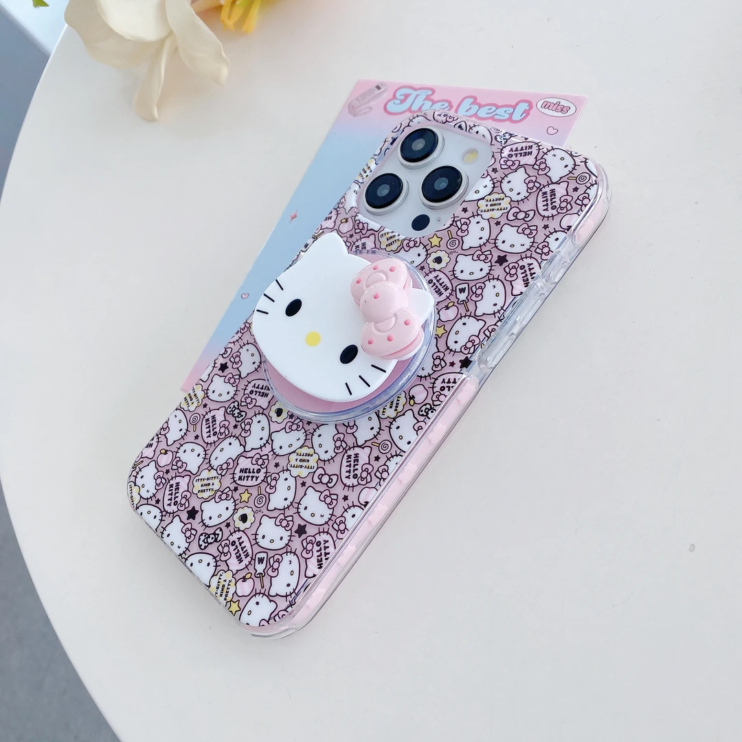 粉蝴蝶结KT猫气囊支架适用于iPhone 15pro 磁吸手机壳啪嗒女款