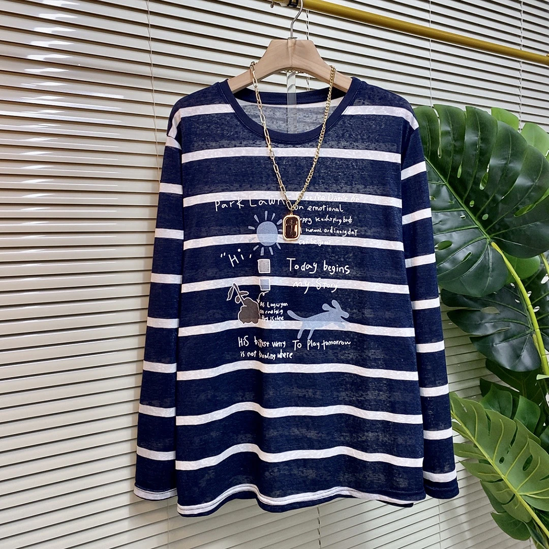早秋新款大码女装时尚气质休闲风印花条纹常规长袖T恤打底衫